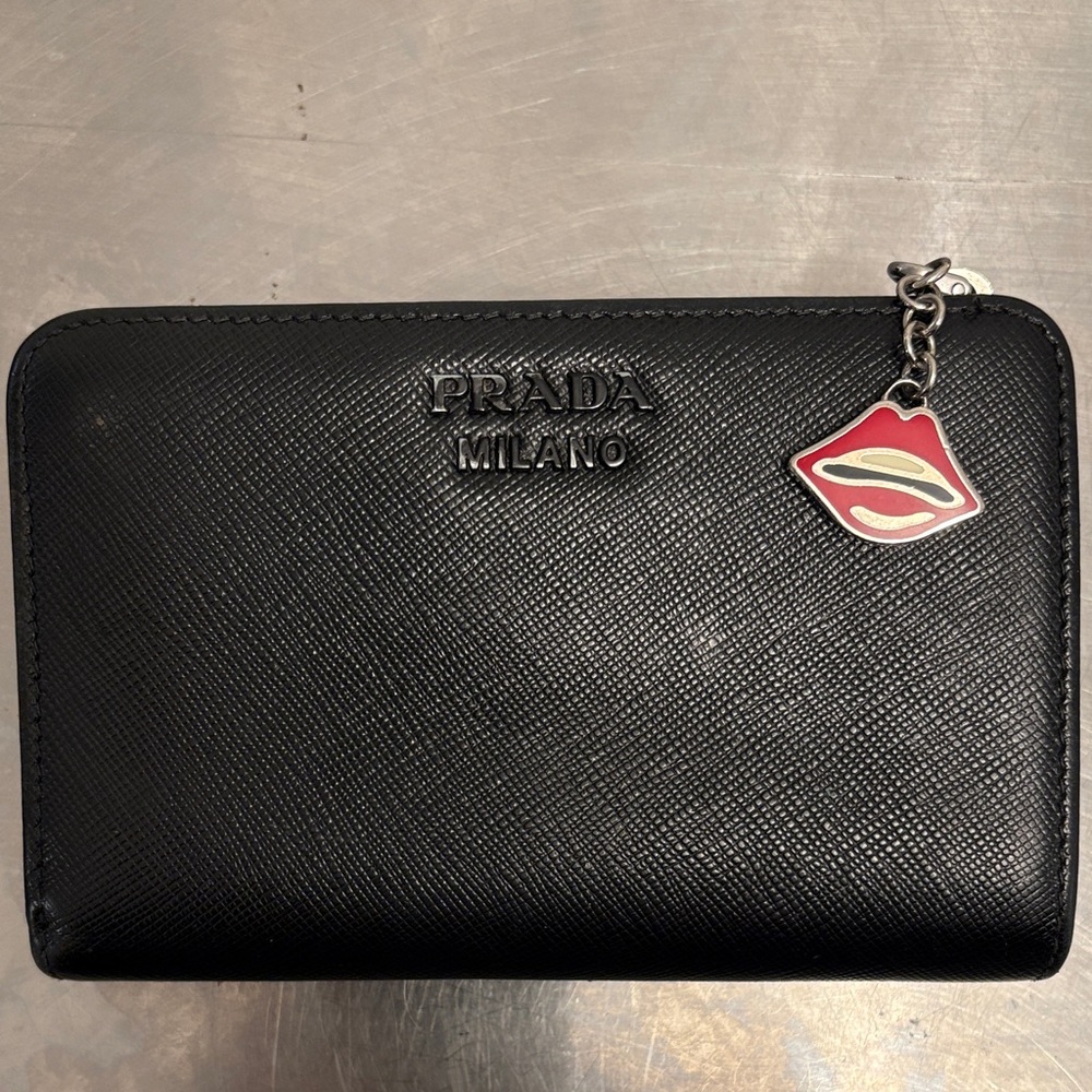 Prada Black Wallet with Red Lip Charm